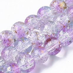 Plum Transparent Spray Painted Crackle Glass Bead Strands, with Golden Foil, Round, Plum, 8~9mm, Hole: 1.2~1.5mm, about 46~56pcs/Strand, 14.37 inch~16.3 inch(36.5~41.4cm)