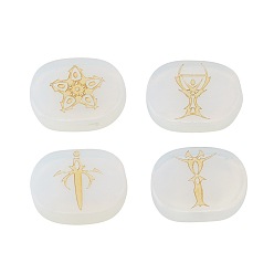 Opalite Opalite Engraved Tarot Symbol Pattern Oval Stone Set, Pocket Palm Stone for Reiki Balancing, Home Display Decorations, 20x25x6.5mm, 4pcs/set