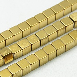 Golden Plated Non-magnetic Synthetic Hematite Beads Strands, Cube, Golden Plated, 4x4x4mm, Hole: 1mm