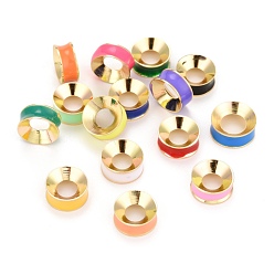 Mixed Color Grooved Brass Enamel Beads, Real 18K Gold Plated, Ring, Mixed Color, 9x4mm, Inner Dianmeter: 4.5mm