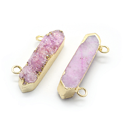Pearl Pink Natural Druzy Quartz Pendants, with Brass Findings, Rectangle, Golden, Pearl Pink, 11~13x32~34x6~14mm, Hole: 2mm