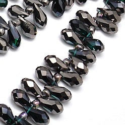Teal Electroplate Glass Beads Strands, Half Black Plated, Faceted, teardrop, Teal, 12x6mm, Hole: 1mm
