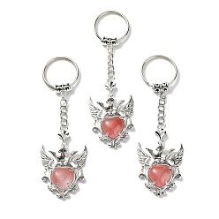 Quartz Cerise Coeur en verre de quartz cerise avec porte-clés pendentif aile, avec les accessoires en laiton de tonalité de platine, 9.6 cm