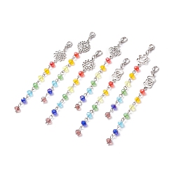Colorful Chakra Theme Sun Catcher Pendant Decorations, Electroplate Glass & Zinc Alloy Lobster Claw Clasps, Mixed Shapes, Colorful, 108mm, 7pcs/set