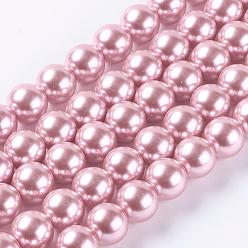 Rose Nacré Brins de perles rondes en verre teinté écologique, Grade a, cordon en coton fileté, perle rose, 14mm, Trou: 0.7~1.1mm, Environ 30 pcs/chapelet, 15 pouce