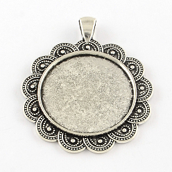 Antique Silver Tibetan Style Flower Alloy Big Pendants Cabochon Settings, Cadmium Free & Lead Free, Antique Silver, Tray: 30mm, 52x43x2.5mm, Hole: 6x4mm, about 100pcs/1000g