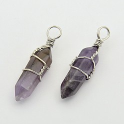 Amethyst Faceted Bullet Platinum Plated Brass Gemstone Double Terminated Pointed Pendants, Amethyst, 38~42x8~9mm, Hole: 3~6mm