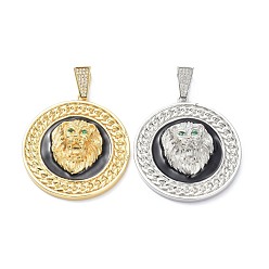 Mixed Color Brass Micro Pave Cubic Zirconia Pendants, Long-Lasting Plated, with Enamel, Flat Round with Lion, Mixed Color, 47x43x11mm, Hole: 9x6mm