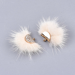 PeachPuff Faux Mink Fur Tassel Pendant Decorations, with Rhinestone and Alloy Findings, Fan, Golden, PeachPuff, 24~28x29~34x8mm, Hole: 1.5mm