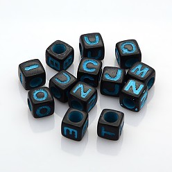 Deep Sky Blue Solid Color Initial Acrylic Beads, Cube, Deep Sky Blue, 7x7x7mm, Hole: 4mm, about 2000pcs/500g