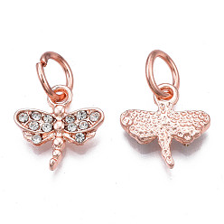 Rose Gold Rack Plating Alloy Charms, with Crystal Rhinestone, Cadmium Free & Nickel Free & Lead Free, Autumn Pendants, Dragonfly, Rose Gold, 14x14x2.5mm, Jump Ring: 8x1mm, 5mm inner diameter