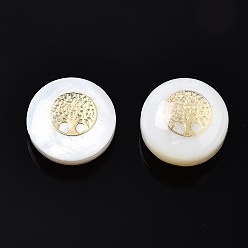 White Freshwater Shell Beads, Golden Metal Enlaced, Flat Round with Tree, White, 8.5x3.5~5mm, Hole: 0.8mm