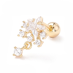 Golden Snowflake Clear Cubic Zirconia Stud Earrings for Women, Brass Drop Earrings with Screw Back Ball Tragus, Golden, 13x7.5x4.7mm, Pin: 0.7mm