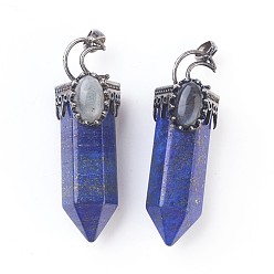 Lapis Lazuli Natural Lapis Lazuli Big Pendants, Pointed Pendant, with Brass Findings and Oval Natural Labradorite Cabochons, Faceted, Bullet, Antique Silver, 60~62x20x23~24mm, Hole: 5.5x7mm