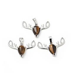Tiger Eye Natural Tiger Eye Pendants, with Platinum Tone Brass Findings, Lead Free & Cadmium Free, Deer Head Charms, 23~24x34x7.5mm, Hole: 5x8mm