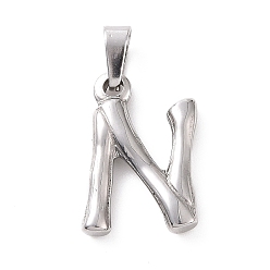 Letter N 304 Stainless Steel Pendants, Bamboo Style, Stainless Steel Color, Letter.N, 19x13x3mm, Hole: 3x7mm