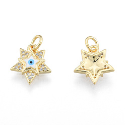 White Brass Micro Pave Clear Cubic Zirconia Charms, with Enamel and Jump Rings, Real 18K Gold Plated, Nickel Free, Star with Evil Eye, White, 13x11.5x2.5mm, Jump Ring: 5mm in diameter, 1mm thick, 3mm thick