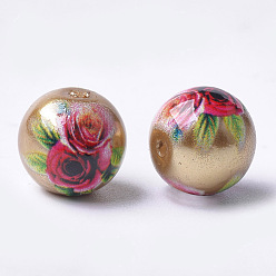 Verge D'or Perles de verre imprimées et peintes au pistolet, ronde avec motif de fleurs, verge d'or, 10~10.5x9.5mm, Trou: 1.6mm