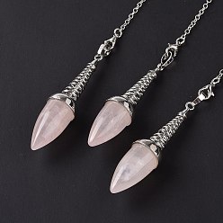 Quartz Rose Grand pendule de pendule de quartz rose naturel, avec les accessoires en laiton plaqués de platine, charme de cône, 250~255x2.5mm