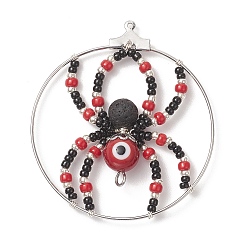 Red Brass Pendants, with Glass Seed & Evil Eye Lampwork & Natural Lava Rock Beads, Ring with Spider Charms, Red, 44~48x40~43x8mm, Hole: 1mm and 2mm