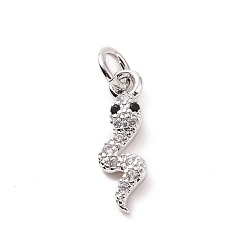 Platinum Brass Micro Pave Cubic Zirconia Charms, with Jump Ring, Snake Charm, Platinum, 14x4.5x1.5mm, Hole: 2.8mm
