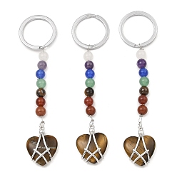 Tiger Eye Natural Tiger Eye Heart Keychain, with Chakra Gemstone Bead and Platinum Tone Rack Plating Brass Findings, 10.5cm