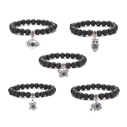 Noir Bracelet extensible à perles rondes en pierre de lave naturelle, breloque en alliage avec bracelet mauvais œil en résine pour femme, noir, diamètre intérieur: 2-1/4 pouce (5.6 cm)