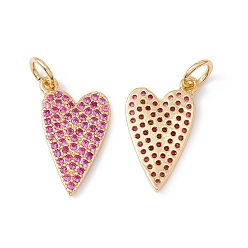 Real 18K Gold Plated Rack Plating Brass Micro Pave Hot Pink Cubic Zirconia Pendants, with Jump Ring, Cadmium Free & Nickel Free & Lead Free, Heart, Real 18K Gold Plated, 18x10.5x1.5mm, Jump Ring: 5x0.8mm, Inner Diameter: 3.4mm