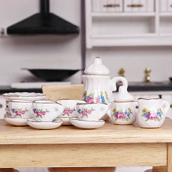 Flor Mini juegos de té de cerámica, incluyendo taza, tetera, platillo, accesorios de casa de muñecas micro jardín paisajístico, simulando decoraciones de utilería, flor, 13~27 mm, 15 PC / sistema