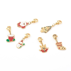 Mixed Color Christmas Themed 316 Surgical Stainless Steel Enamel Pendants, with 304 Stainless Steel Lobster Claw Clasps, Mixed Shapes, Mixed Color, 26~34mm, Pendants: 12~20x8.5~13x1mm