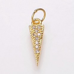 Golden Brass Micro Pave Cubic Zirconia Charms, Triangle, Clear, Golden, 13.5x4x2mm, Hole: 3.5mm