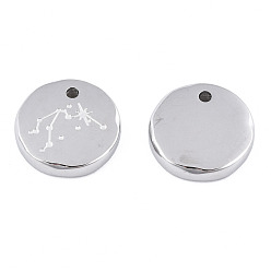Aquarius 316 Surgical Stainless Steel Charms, Flat Round with Constellation, Stainless Steel Color, Aquarius, 10x2mm, Hole: 1mm