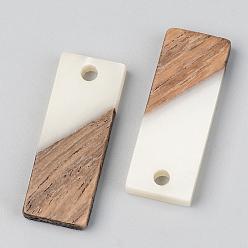 Floral White Resin & Walnut Wood Pendants, Opaque, Rectangle, Floral White, 23x8.5x3mm, Hole: 2mm
