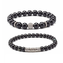 Obsidienne Ensemble de bracelets extensibles en perles rondes en obsidienne naturelle, Bracelets de perles de zircone cubique rondes et tubulaires en laiton micro pavé, platine, diamètre intérieur: 2-1/4 pouce (5.6 cm), 2 pièces / kit