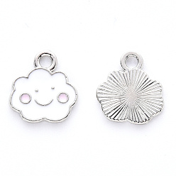 White Alloy Enamel Charms, Cloud, with Smile Face, Platinum, White, 13x12x1mm, Hole: 1.8mm