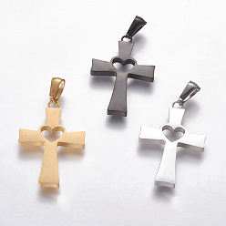 Mixed Color 304 Stainless Steel Pendants, Cross with Heart, Mixed Color, 30x19x2mm, Hole: 3x7mm