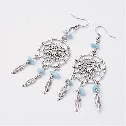 Larimar Woven Net/Web with Feather Alloy Dangle Earrings, with Natural Larimar Beads and Brass Earring Hooks, Antique Silver and Platinum, 84mm, Pin: 0.5mm