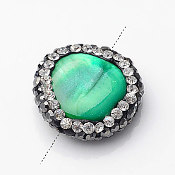 Verde Pepitas cuentas de concha natural, con diamantes de imitación de arcilla polimérica, verde, 12~17x12~16x4~7 mm, agujero: 0.5 mm