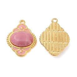 Pink Enamel Pendants, with 304 Stainless Steel Finding and Acrylic Cabochon, Real 18K Gold Plated, Rhombus Charm, Pink, 24.5x18.5x5.5mm, Hole: 1.5mm