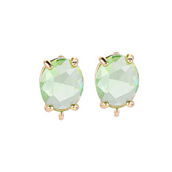 Spring Green Brass Stud Earring Findings, with Glass, Oval with Loop, Light Gold, Spring Green, 12~14x8mm, Hole: 1.2mm, Pin: 0.6~0.7mm