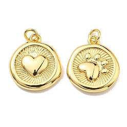 Real 18K Gold Plated Rack Plating Brass Pendants, with Jump Ring, Lead Free & Cadmium Free, Long-Lasting Plated, Flat Round with Heart & Paw Print Charm, Real 18K Gold Plated, 15.5x13.5x3mm, Hole: 2.6mm