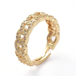 Golden Adjustable Brass Finger Rings, with Micro Pave Cubic Zirconia, Curb Chain Shape, Golden, Size 7,  17.1mm