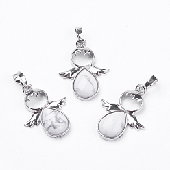 Howlite Natural Howlite Pendants, Angel, with Brass Findings, Platinum, 34x25.5x4.5~6.5mm, Hole: 4~5x7mm