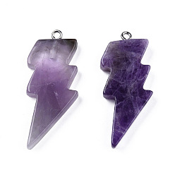 Amethyst Natural Amethyst Pendants, Lightning Bolt Charm, with Stainless Steel Color Tone 304 Stainless Steel Loops, 40~44.5x17~20x4.5~6mm, Hole: 2mm