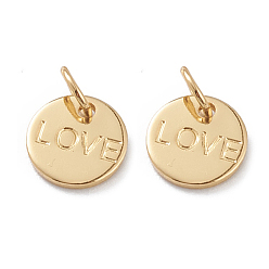 Real 18K Gold Plated Brass Charms, Long-Lasting Plated, with Jump Rings, Flat Round with Word Love, for Valentine's Day, Real 18K Gold Plated, 8.5x1mm, Jump Ring: 5x1mm, Inner Diameter: 3mm 