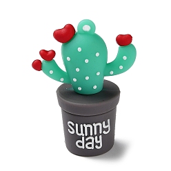 Aguamarina mediana Colgantes grandes de plástico pvc, Charm cactus con palabra día soleado, aguamarina mediana, 53x40x24.5 mm, agujero: 3 mm