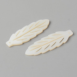 Creamy White Natural Freshwater Shell Pendants, Leaf, Creamy White, 38x12x2mm, Hole: 1mm