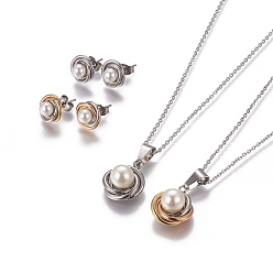 Mixed Color 304 Stainless Steel Jewelry Sets, Pendants Necklaces and Stud Earrings, with Acrylic Imitation Pearl, Mixed Color, Necklace: 17.5 inch(44.5cm), Ear Studs: 18x7mm, Pin: 0.9mm