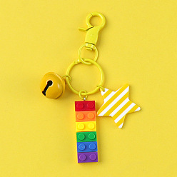 Amarillo Llaveros de bloques de construcción de plástico con bandera del orgullo/bandera del arco iris, llavero campana, llavero de estrella rayada con cierre de pinza de langosta, amarillo, 48x16 mm