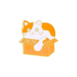 Orange Foncé Chat de dessin animé dans la broche de la boîte en papier, jolies épingles en émail en alliage d'animaux, badge minou pour sac à dos de vêtements, orange foncé, 25x30mm